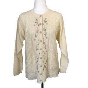 Vintage Long Sleeve Cardigan Sweater Size M/L Cream Embroidered Acrylic England